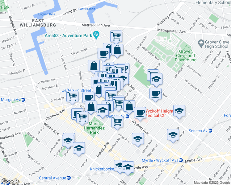map of restaurants, bars, coffee shops, grocery stores, and more near 50 Saint Nicholas Avenue in Brooklyn