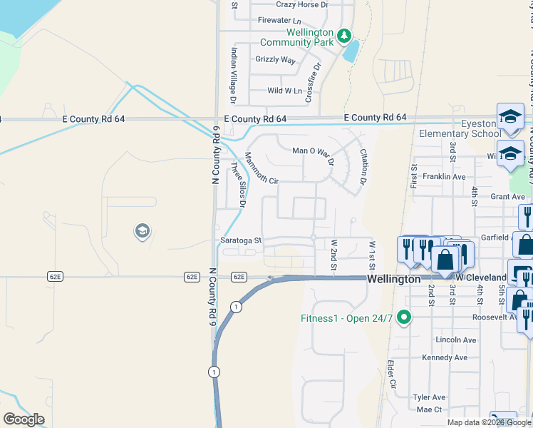 map of restaurants, bars, coffee shops, grocery stores, and more near 8474 Calumet Way in Wellington