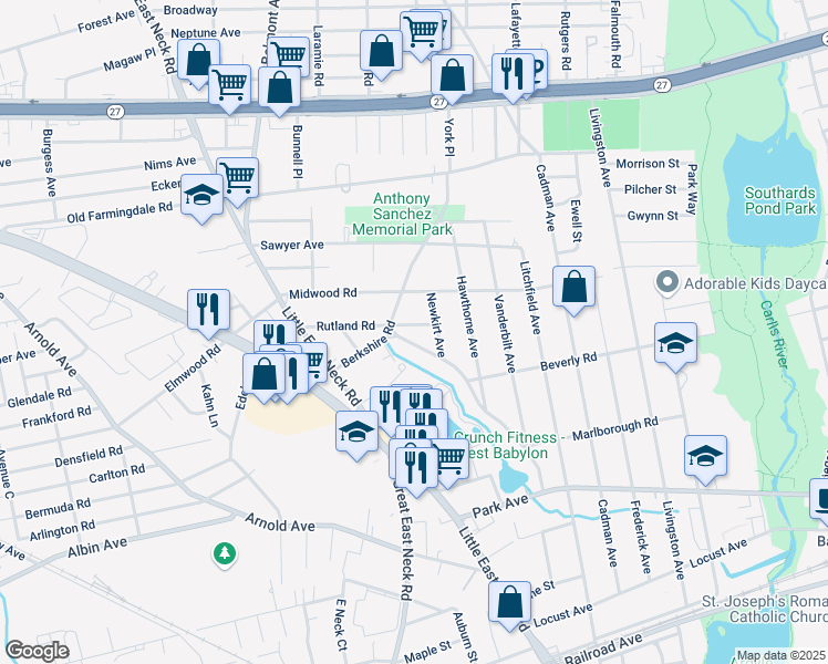 map of restaurants, bars, coffee shops, grocery stores, and more near 20 Vince Road in West Babylon