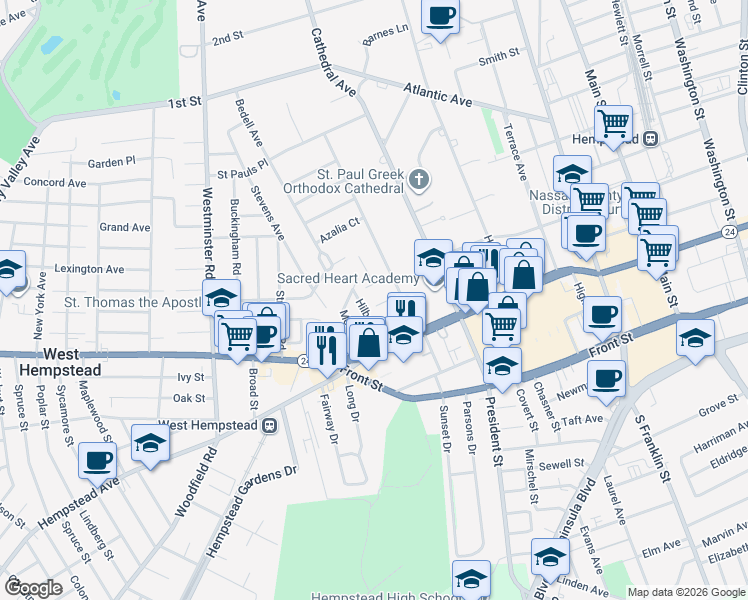 map of restaurants, bars, coffee shops, grocery stores, and more near 21 Astor Court in Hempstead