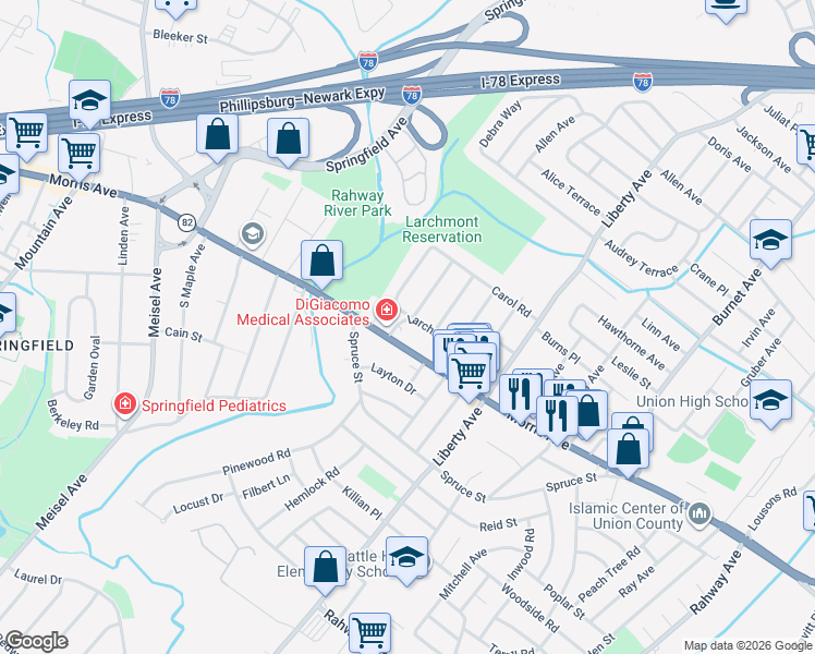 map of restaurants, bars, coffee shops, grocery stores, and more near 2802 Larchmont Road in Union