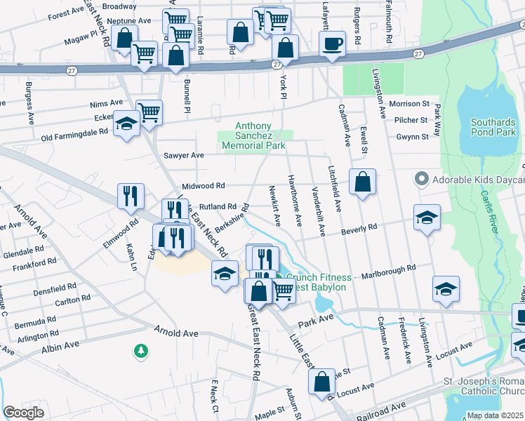 map of restaurants, bars, coffee shops, grocery stores, and more near 20 Vince Rd in West Babylon