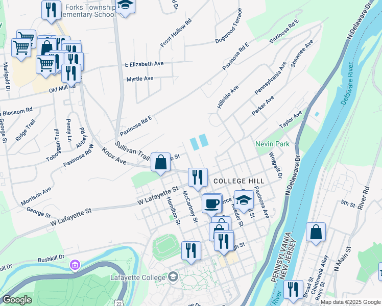 map of restaurants, bars, coffee shops, grocery stores, and more near 883 Cattell Street in Easton