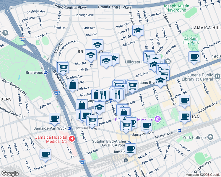map of restaurants, bars, coffee shops, grocery stores, and more near 144-40 87th Avenue in Queens