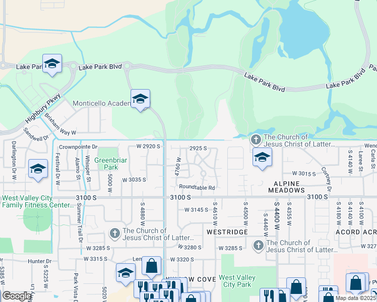 map of restaurants, bars, coffee shops, grocery stores, and more near 2931 Burlingame Drive in West Valley City