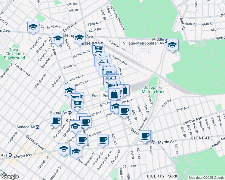 map of restaurants, bars, coffee shops, grocery stores, and more near 66-62 Fresh Pond Road in Queens