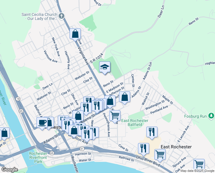 map of restaurants, bars, coffee shops, grocery stores, and more near 525 Reno Street in Rochester