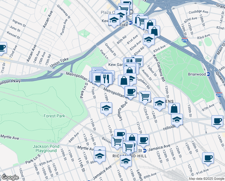 map of restaurants, bars, coffee shops, grocery stores, and more near 83-28 Abingdon Road in Queens