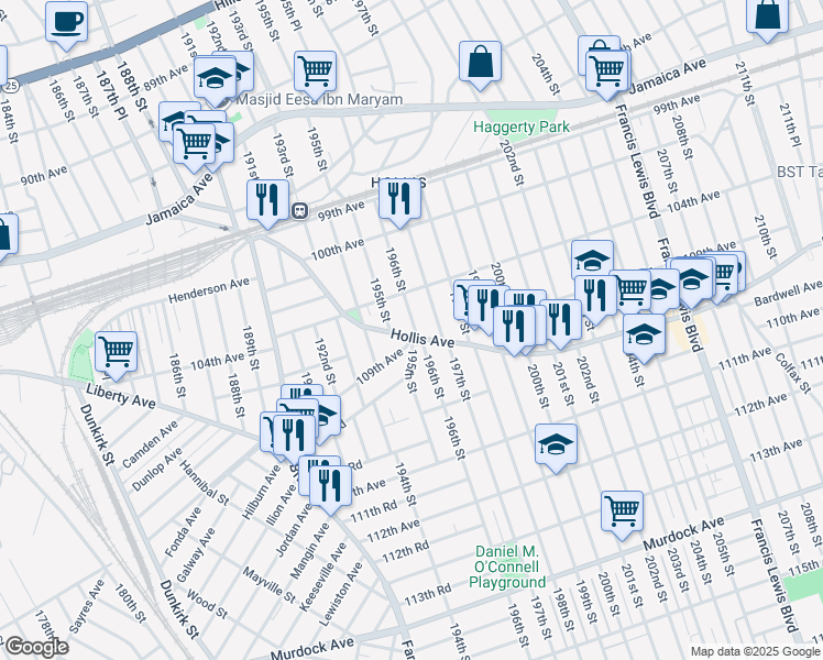map of restaurants, bars, coffee shops, grocery stores, and more near 104-36 196th Street in Queens