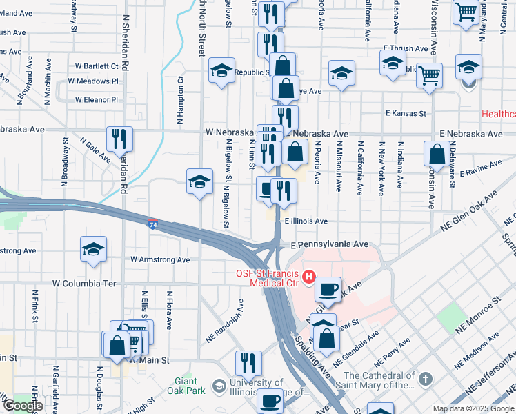 map of restaurants, bars, coffee shops, grocery stores, and more near 1604 North Linn Street in Peoria
