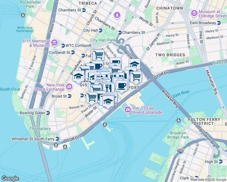 map of restaurants, bars, coffee shops, grocery stores, and more near Water St & John St in New York