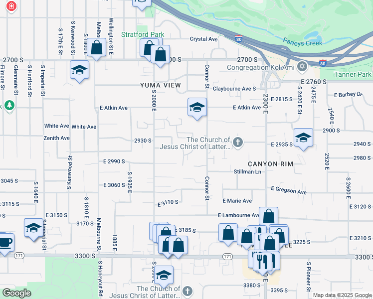 map of restaurants, bars, coffee shops, grocery stores, and more near 2108 Sierra Ridge Court in Salt Lake City