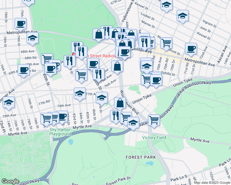 map of restaurants, bars, coffee shops, grocery stores, and more near 88-36 77th Avenue in Queens