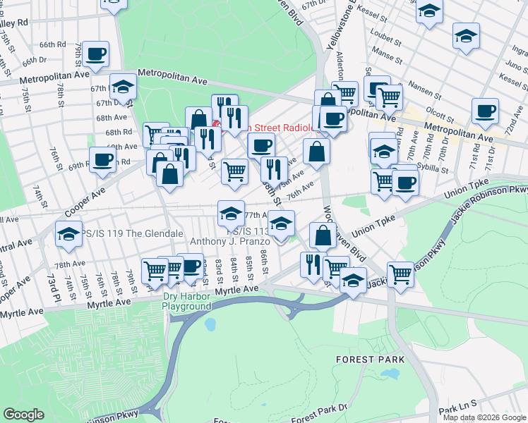 map of restaurants, bars, coffee shops, grocery stores, and more near 86-07 77th Avenue in Queens