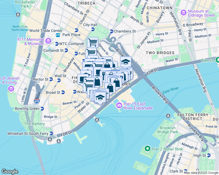 map of restaurants, bars, coffee shops, grocery stores, and more near 199 Water Street in New York