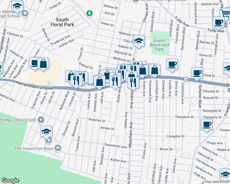 map of restaurants, bars, coffee shops, grocery stores, and more near 1431 Hempstead Turnpike in Elmont
