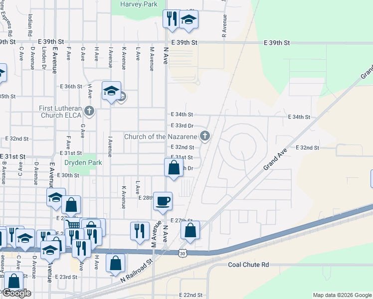 map of restaurants, bars, coffee shops, grocery stores, and more near 1403 East 32nd Street in Kearney