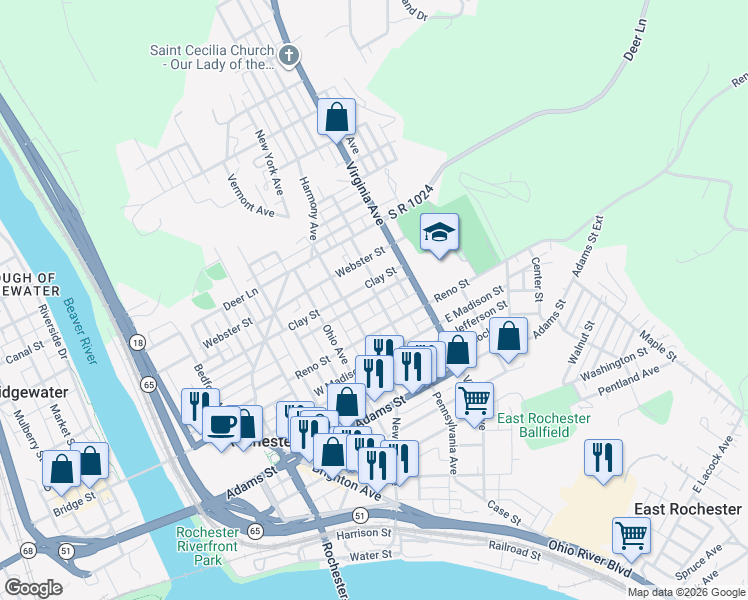 map of restaurants, bars, coffee shops, grocery stores, and more near 430 Pennsylvania Avenue in Rochester