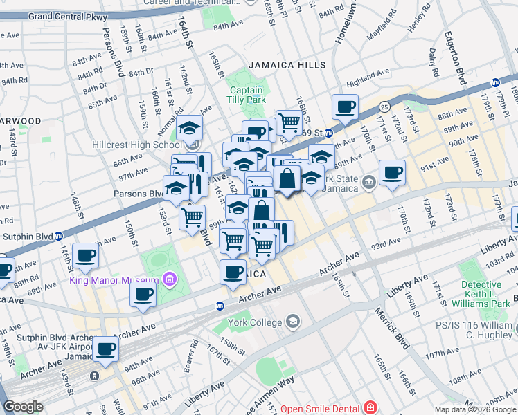 map of restaurants, bars, coffee shops, grocery stores, and more near 162-11 89th Avenue in Queens