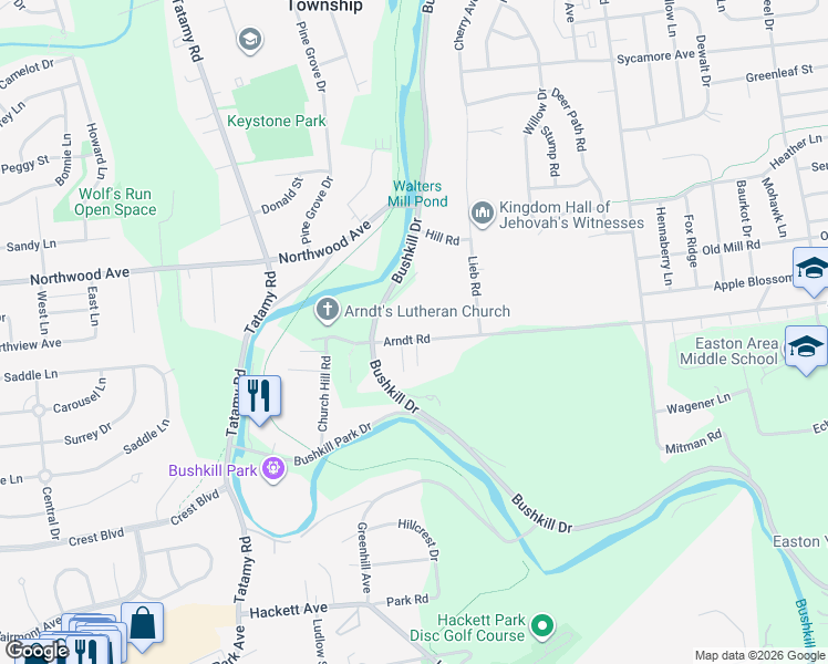 map of restaurants, bars, coffee shops, grocery stores, and more near 1701 Arndt Road in Easton