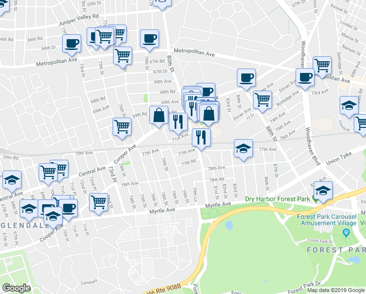 map of restaurants, bars, coffee shops, grocery stores, and more near 7945 77th Avenue in Queens