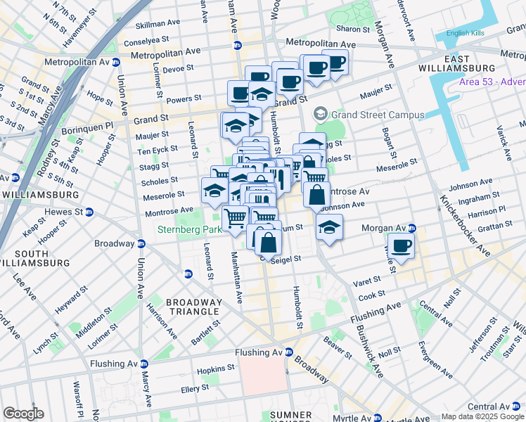 map of restaurants, bars, coffee shops, grocery stores, and more near 181 Montrose Avenue in Brooklyn