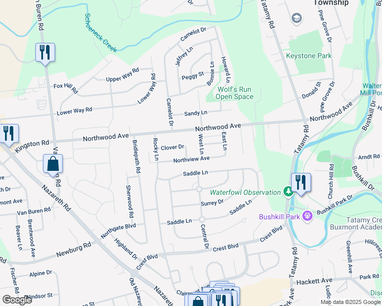 map of restaurants, bars, coffee shops, grocery stores, and more near 2615 Clover Drive in Easton