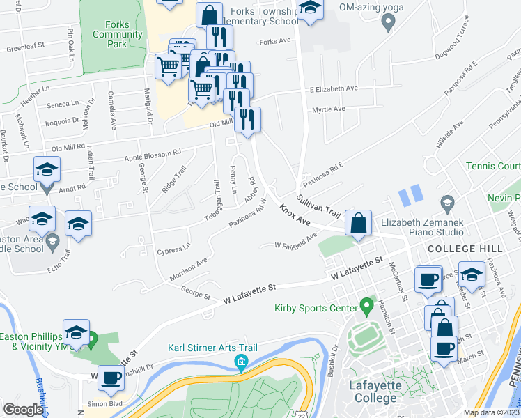 map of restaurants, bars, coffee shops, grocery stores, and more near Paxinosa Road West in Easton