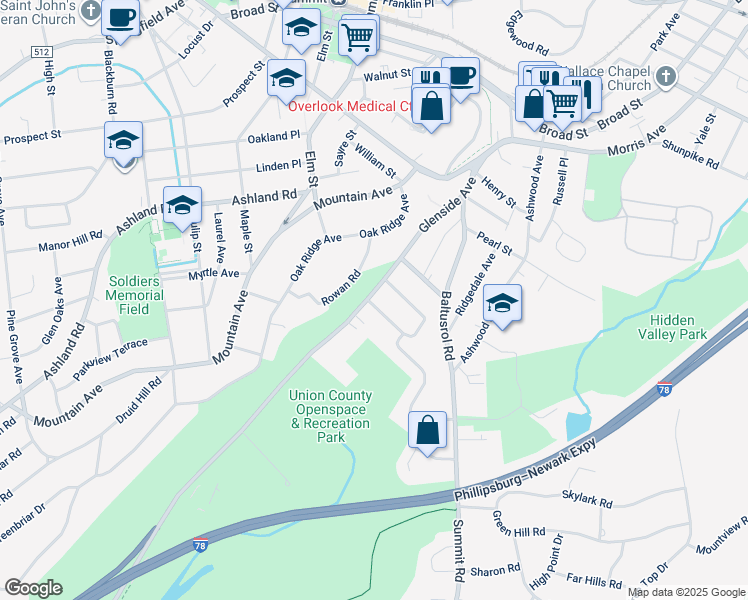 map of restaurants, bars, coffee shops, grocery stores, and more near 86 Glenside Avenue in Summit