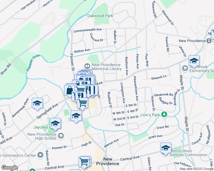 map of restaurants, bars, coffee shops, grocery stores, and more near 1180 Springfield Avenue in New Providence