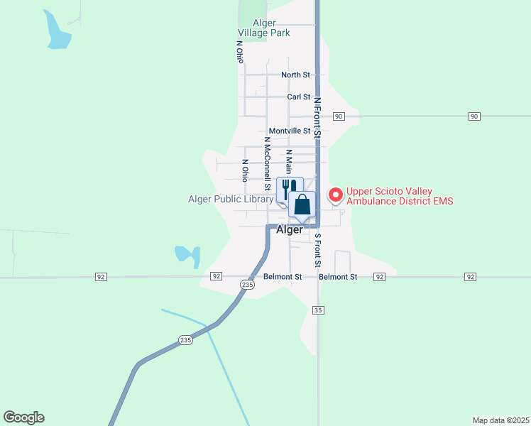 map of restaurants, bars, coffee shops, grocery stores, and more near 107 North McConnell Street in Alger