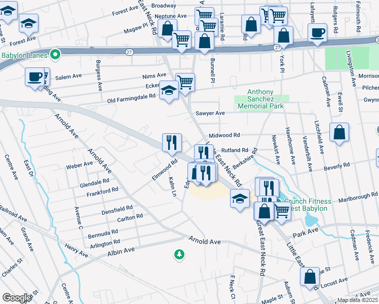 map of restaurants, bars, coffee shops, grocery stores, and more near 135 Platt Avenue in West Babylon