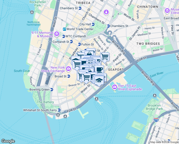 map of restaurants, bars, coffee shops, grocery stores, and more near 101 Maiden Lane in New York