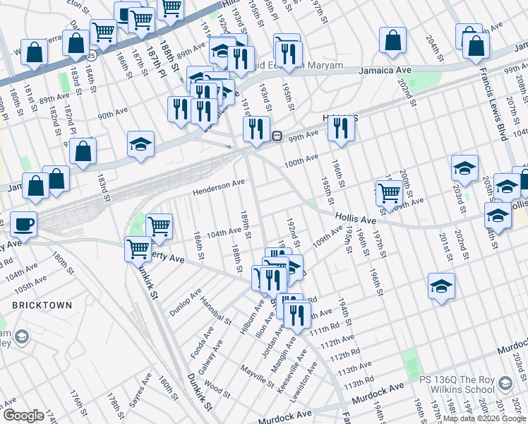 map of restaurants, bars, coffee shops, grocery stores, and more near 103-11 Farmers Boulevard in Queens