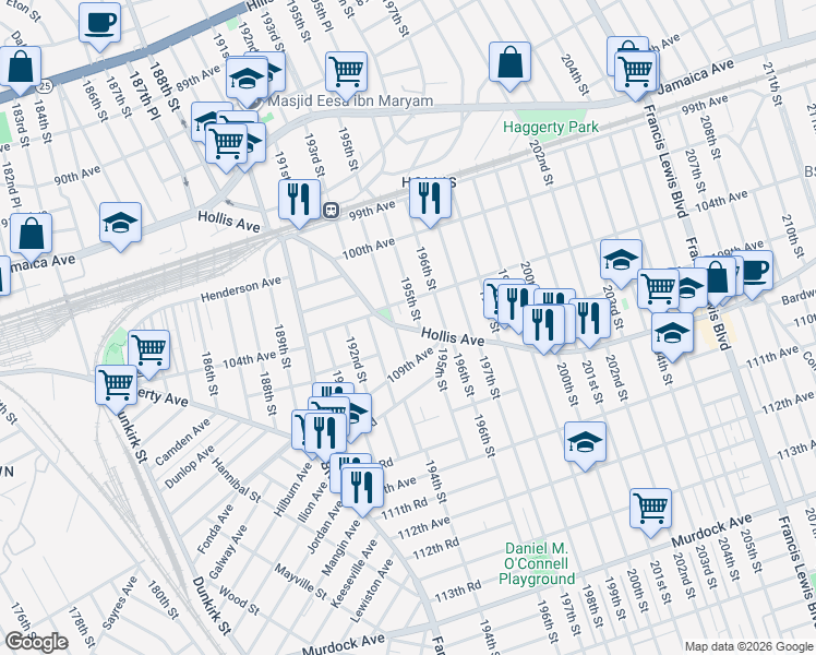 map of restaurants, bars, coffee shops, grocery stores, and more near 193-20 Hollis Avenue in Queens