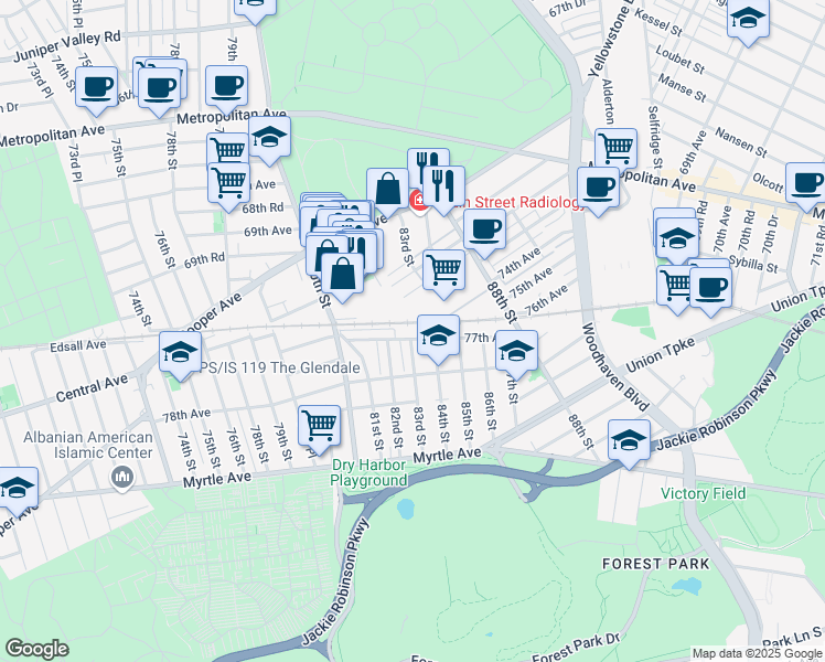 map of restaurants, bars, coffee shops, grocery stores, and more near 83-01 77th Avenue in Queens