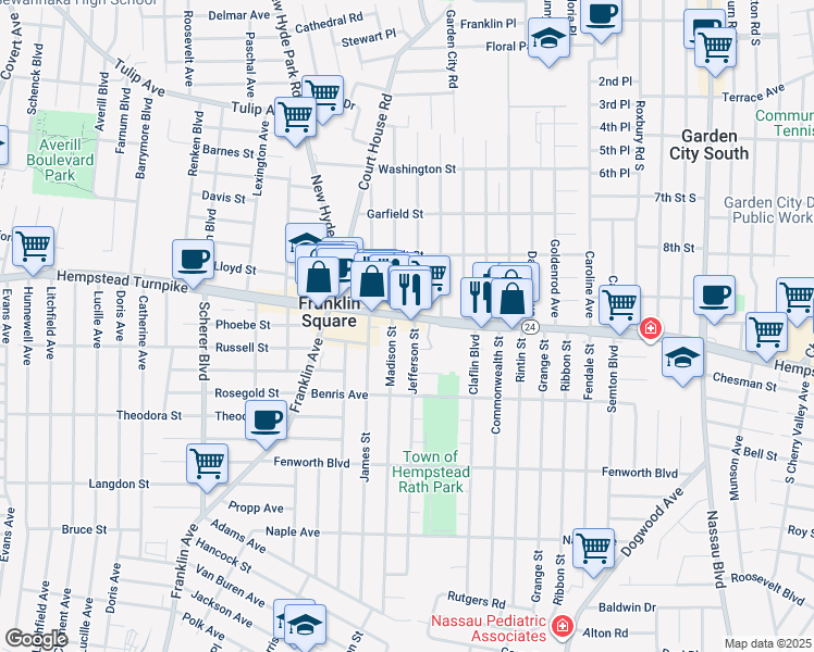 map of restaurants, bars, coffee shops, grocery stores, and more near 885 Hempstead Turnpike in Franklin Square