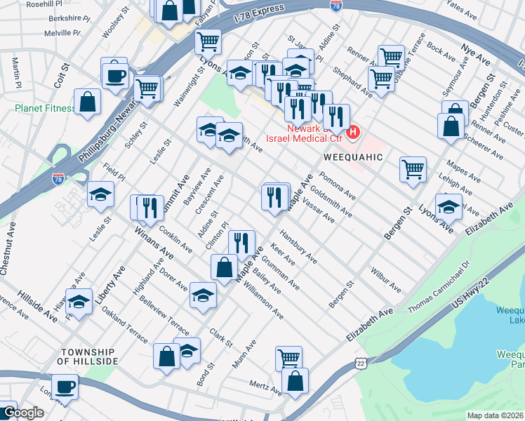 map of restaurants, bars, coffee shops, grocery stores, and more near 205 Hansbury Avenue in Newark