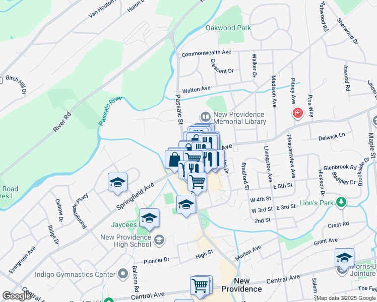 map of restaurants, bars, coffee shops, grocery stores, and more near 25 Passaic Street in New Providence