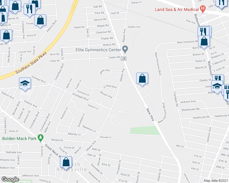 map of restaurants, bars, coffee shops, grocery stores, and more near 5 Davis Court in Amityville