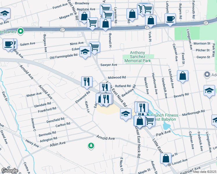 map of restaurants, bars, coffee shops, grocery stores, and more near 600 Little East Neck Road in West Babylon