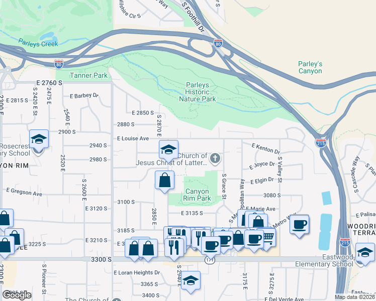 map of restaurants, bars, coffee shops, grocery stores, and more near 2957 2965 South in Salt Lake City