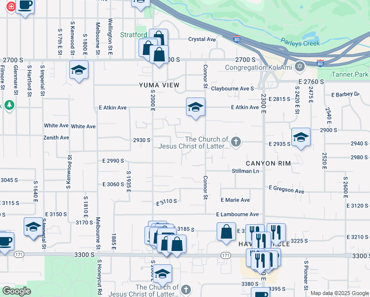 map of restaurants, bars, coffee shops, grocery stores, and more near 2108 Sierra Ridge Court in Salt Lake City