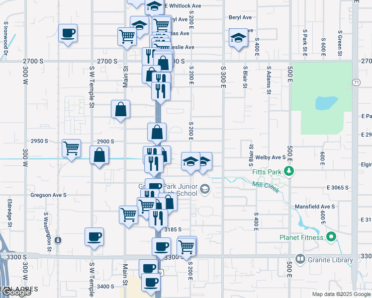 map of restaurants, bars, coffee shops, grocery stores, and more near 150 Garden Avenue in South Salt Lake