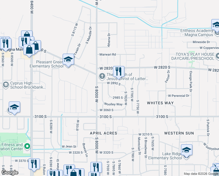 map of restaurants, bars, coffee shops, grocery stores, and more near 2924 South 7890 West in Magna