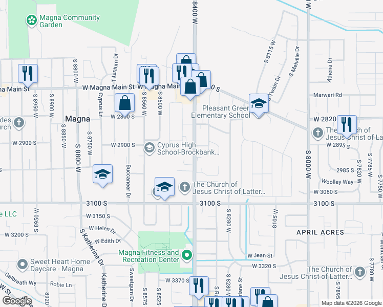 map of restaurants, bars, coffee shops, grocery stores, and more near 2928 South 8400 West in Magna