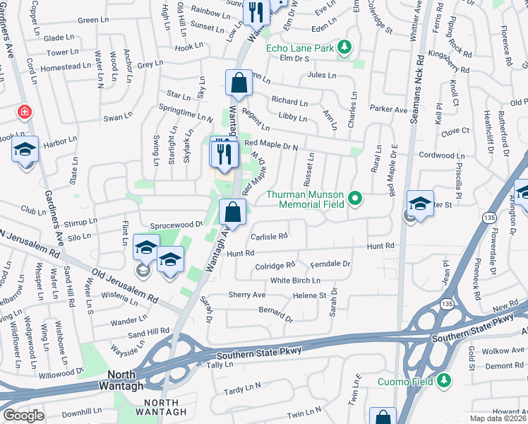 map of restaurants, bars, coffee shops, grocery stores, and more near 333 Red Maple Drive South in Wantagh