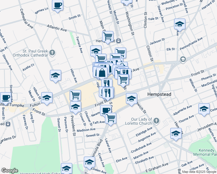 map of restaurants, bars, coffee shops, grocery stores, and more near 36-38 North Franklin Street in Hempstead