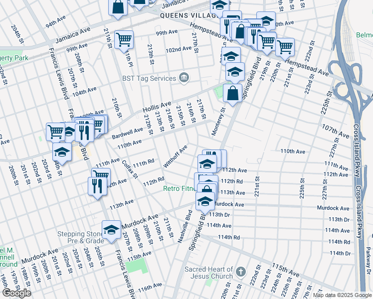 map of restaurants, bars, coffee shops, grocery stores, and more near 215-16 111th Avenue in Queens