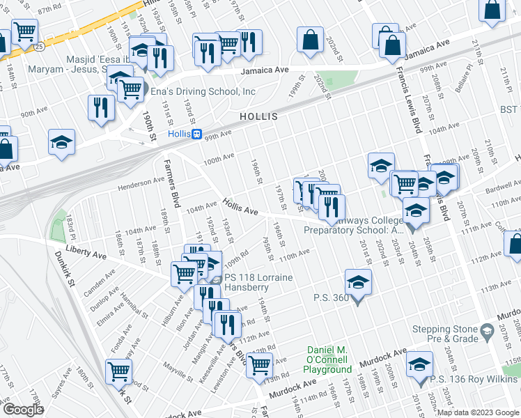 map of restaurants, bars, coffee shops, grocery stores, and more near 104-25 195th Street in Queens